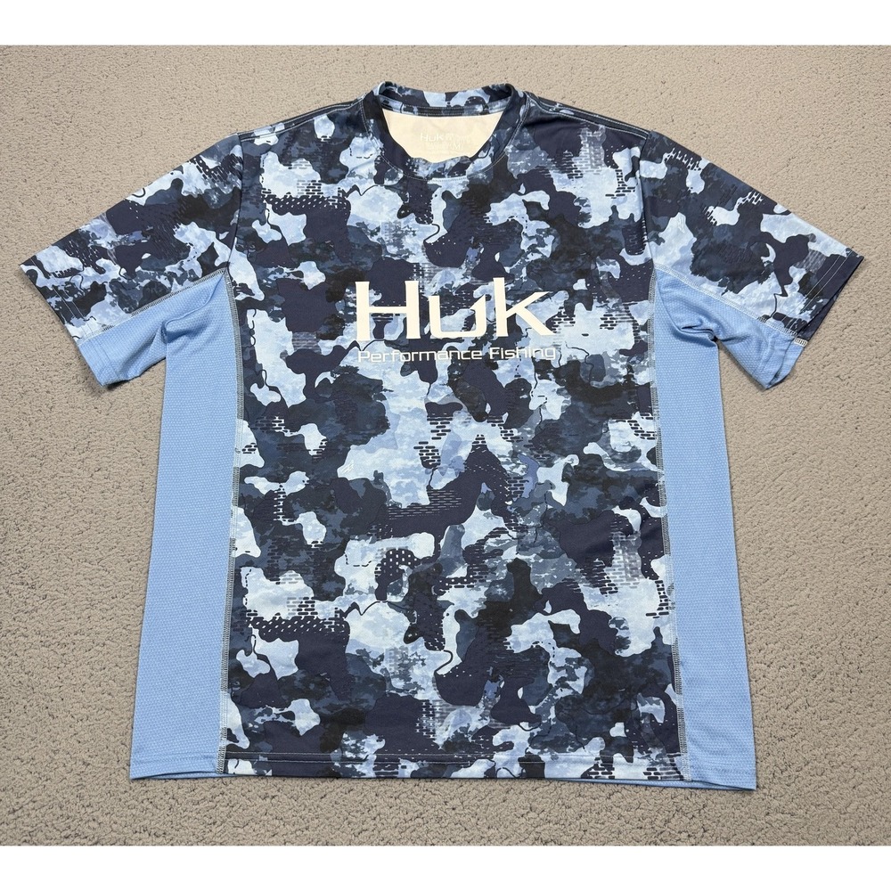 Huk Shirt Mens Medium Blue Camo‎ Short Sleeve Crewneck Fishing Performance Top